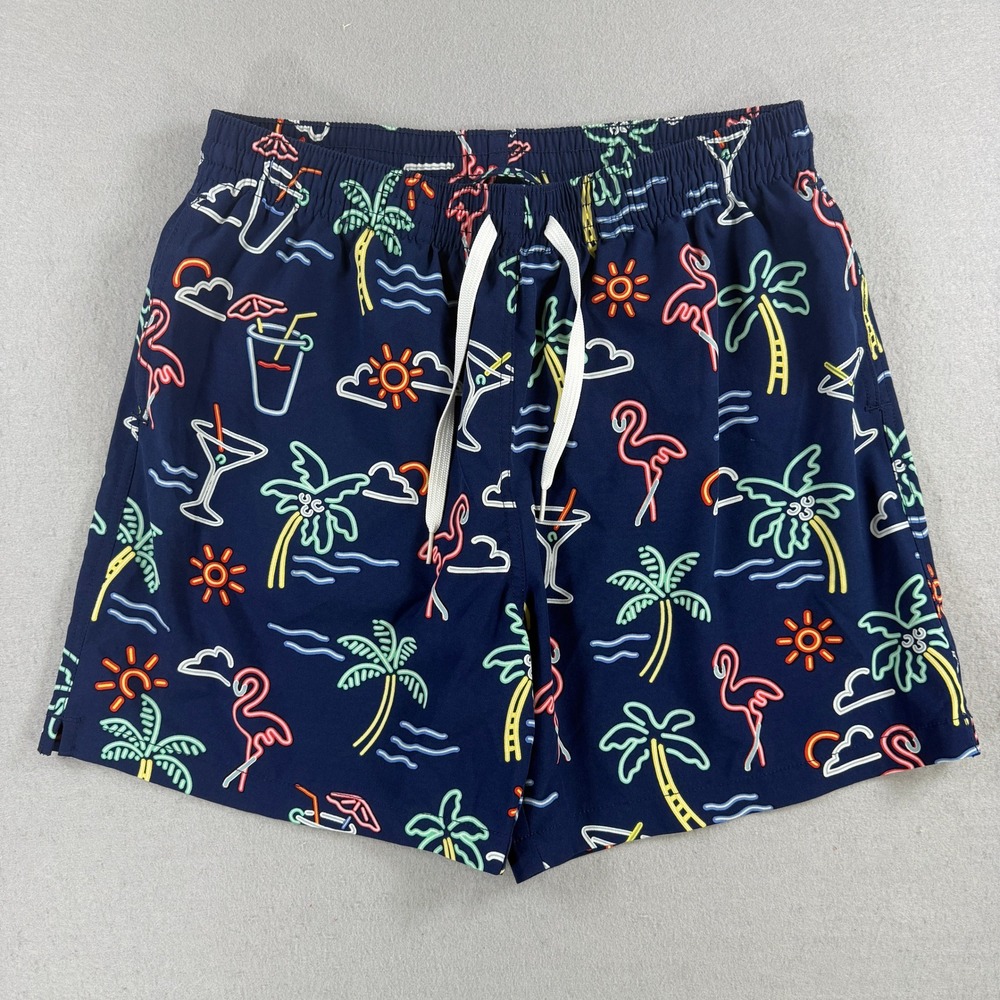 Chubbies Swim Trunks Men Large 5.5" Blue Flamingo Palm Tree Neon AOP Short Beach
